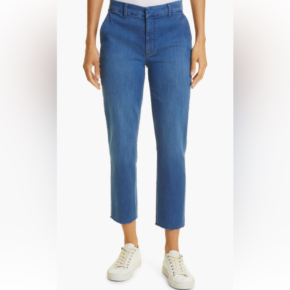 Frank & Eileen Wicklow Italian Denim Crop Chinos Blue Raw Hem Stretch-6